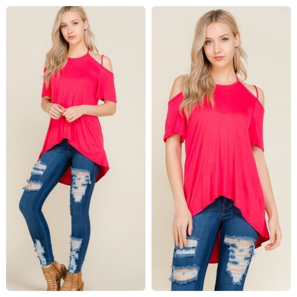 Fuchsia cold shoulder halter neck top